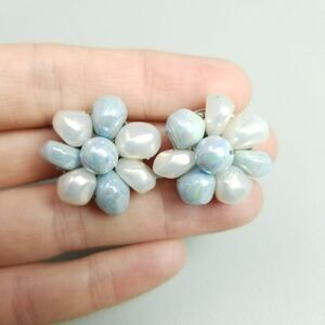 Vintage Light Blue and White Beaded Cluster Clip On Earrings, Made in Japan